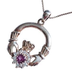 Vintage Sterling Claddagh Necklace Purple Sapphire Italy 925 Heart Pendant